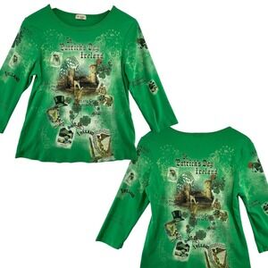 Vtg Top Women M Green Ireland St Patrick's Day 3/4 Sleeves 100% Cotton AOP Bling